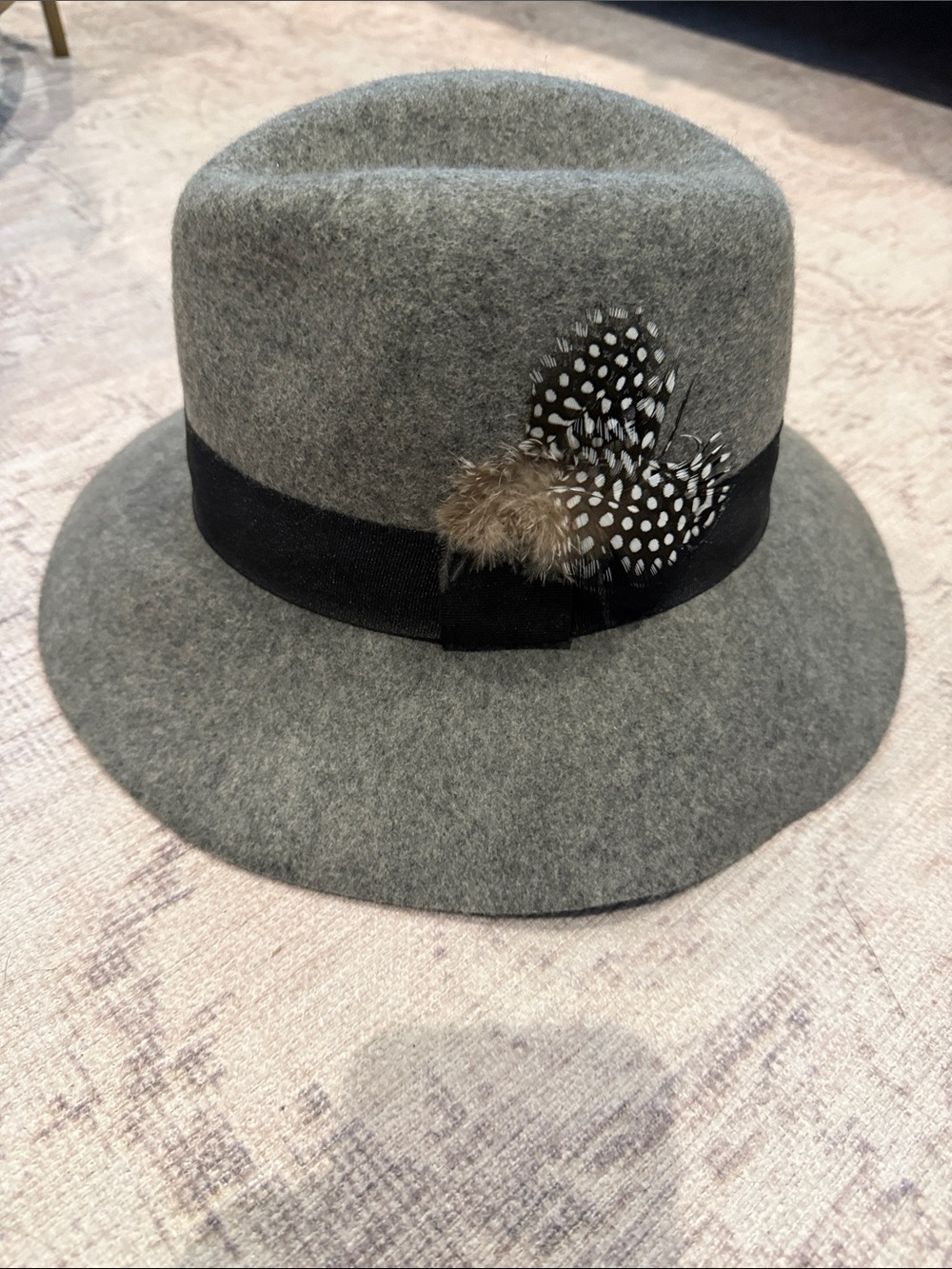 Womens Gray Felt Fedora Hat with Feather Trim